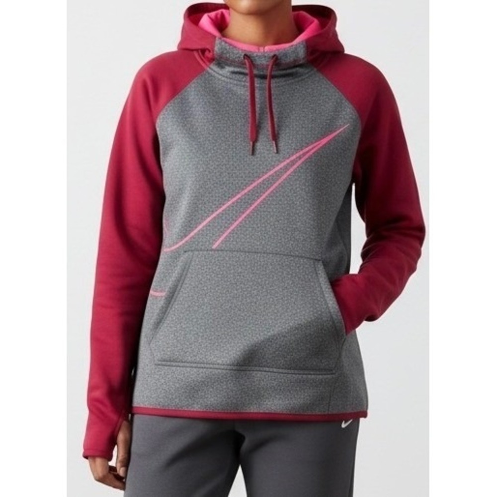 Nike Dri-FIT Hoodie Womens XS Grey Maroon Pink Swoosh Pullover Sweatshirt